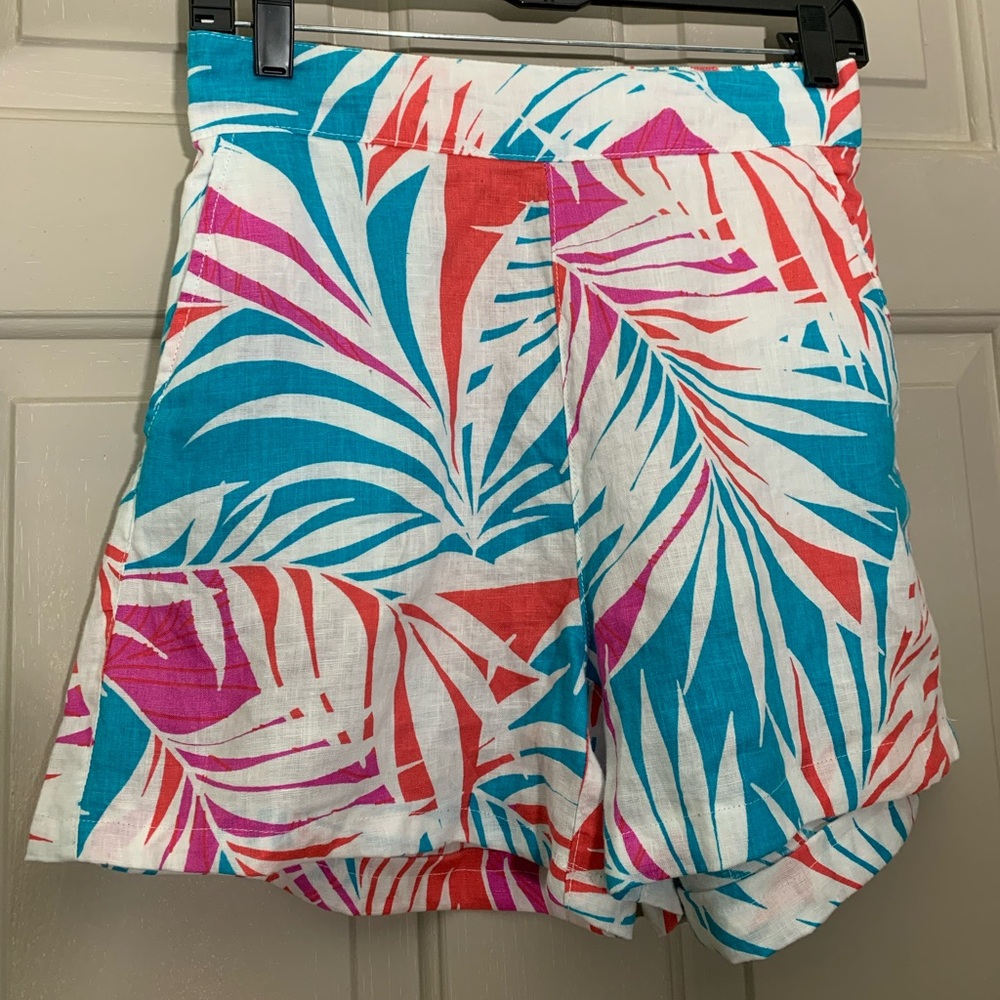 Cynthia Rowley linen shorts bright palm pockets